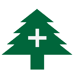 Solid dark Evergreen tree with the first aid symbol in center.